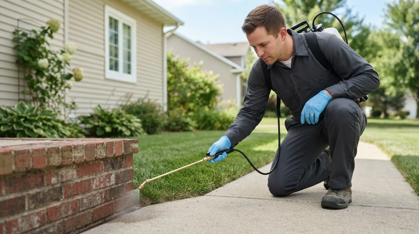 Pest control technician treating a home near Barranquitas, PR